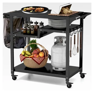 Produktbild von Grillwagen Grilltisch für den Außenbereich, Pizzatisch mit 4 Ablagen, 4 Rollen und Haken, Servierwagen für Garten, 85 x 50,5 x 93 cm