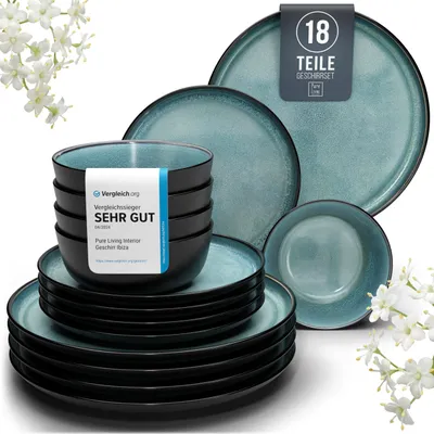Produktbild von Steingut Geschirrset 6 Pers. Ibiza 18-tlg Hochwertiges Mediterranes Geschirr Set - Schüssel- und Teller Set - Tafelservice 6 Personen Geschirrsets