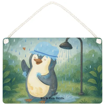 Produktbild von Mr. & Mrs. Panda Schild Pinguin Duschen Design DIN A6 - Weiß - Geschenk, Dusche, wandtafel, Wandbild Holz, Singen, Deko, Türschild, Neustart, holzbild, Baden, Lebensmotto