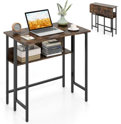 Productafbeelding van COSTWAY inklapbare bureau met opbergvak, inklapbaar bureau met metalen frame, voorzien van kantelbeveiliging en verstelbare poten, computerbureau, werkplek 80x47x76cm