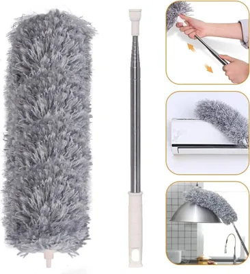Produktbild von Staubwedel Teleskop Mikrofasern Staubwischer Staubbesen mit Verbiegbare Eckbesen und Edelstahl Teleskop Stange lang bis 240cm, Staubwedel Waschbar