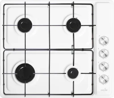 A top-down view of a white gas stove with a black grate and black burners.