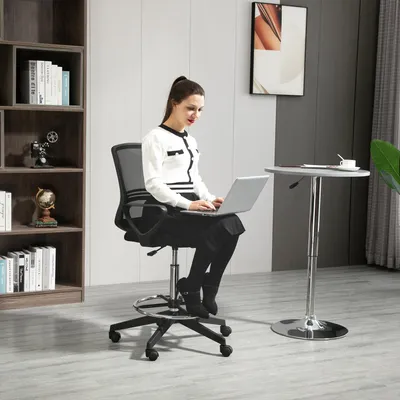 Zdjęcie produktu dla Krzesło biurowe Vinsetto, ergonomiczne krzesło biurowe z podłokietnikami i regulowanym podnóżkiem, krzesło obrotowe z regulacją wysokości i siatkowym pokrowcem, czarne