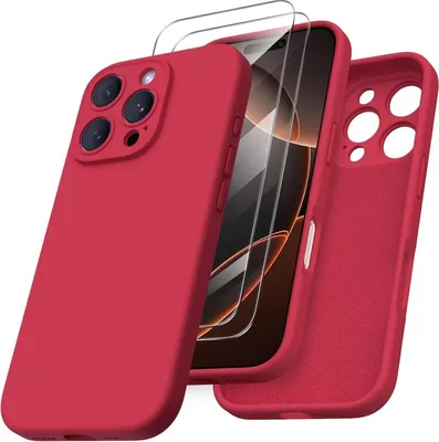 Produktbild von ORNARTO iPhone 16 Pro Hülle Kameraschutz 2 Schutzfolien Silikon Rot