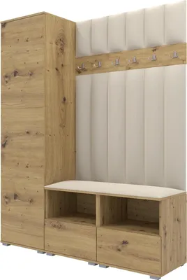 Produktbild von Garderoben-Set Nela II LUX, gepolsterte Garderobe 150 cm mit Doppel-Sitzbank, Wandpaneelen und Stauraum (Farbe: Artisan Eiche + Trinity 01)