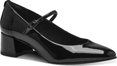 A single black patent leather Mary Jane shoe with a block heel is shown from a side angle against a white background.