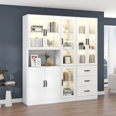Image de MODFU Vitrine Moderne avec Éclairage LED 16 Couleurs - Buffet Haut à 8 Portes et 3 Tiroirs, Structure en MDF et Verre Trempé, 180x40x200 cm, Blanc
