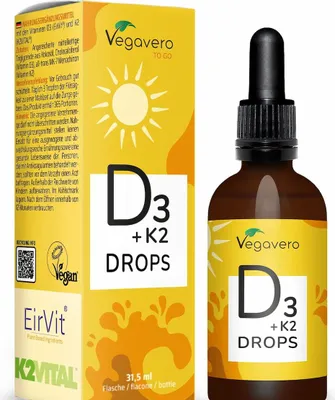 A product shot of Vegavero Vitamin D3 + K2 Drops, showing both the bottle and its packaging.