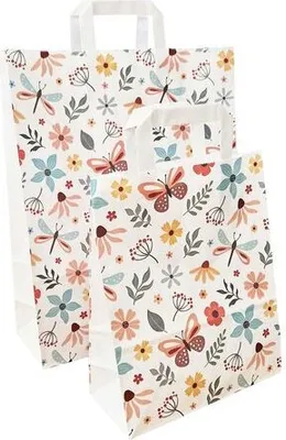 Produktbild von 250x Papiertragetaschen aus Kraftpapier 320+120x400mm mit Schmetterling Motiv weiß