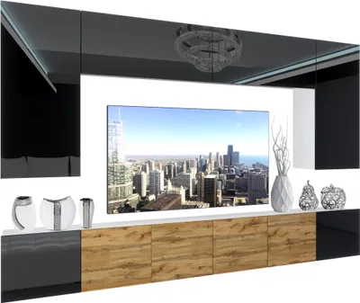Produktbild von BELINI Wohnwand Vollausstattung Wohnzimmer-Set Moderne Schrankwand mit LED-Beleuchtung Weiß Glänzend Anbauwand TV-Schrank Schwarz / Wotan Eiche Glänzend/Matt