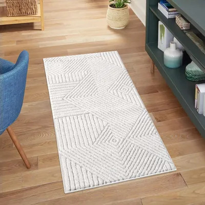 Produktbild von Kurzflor Teppich Grau, Creme - 80x150 cm - Wohnzimmer-Teppiche 3D-Effekt - Geo-Muster, Gestreift