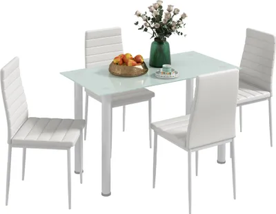 Produktbild von HOMCOM 5-tlg. Essgruppe, Esstisch mit 4 Stühlen, Küchentisch mit Hartglasplatte, Esszimmergruppe, Esszimmermöbel, Esstisch Set für Küche, Esszimmer, Stahl, Weiß