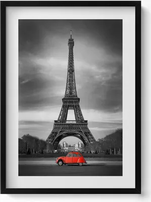 Produktbild von Rotes Auto vor dem Hintergrund des Eiffelturms– Wandbild mit Rahmen – Gerahmtes Bild  – Wanddekoration – 50x70 cm –  Schwarz Rahmen