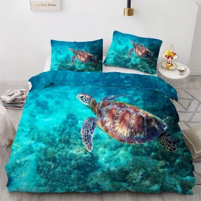 Productafbeelding van Beddengoedset zeeschildpad, 200x200 cm, 3-delig, microvezel, met rits