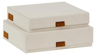 Produktbild von LOVE IT STORE IT - Premium - 2 Aufbewahrungsboxen mit Deckel - Dokumentenbox - A4 - Leinenstoff - Magnetverschluss - Klappdeckel - beige - 28x23x6 cm & 31x25x8 cm
