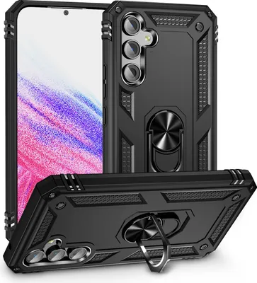 A black protective case for a Samsung Galaxy A54 phone is displayed, with a ring stand on the back.