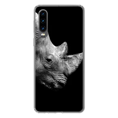 Produktbild von MuchoWow® Handyhülle Schutzhülle Hülle für Huawei P30 Portrait Nashorn auf schwarzem Hintergrund Silikon Softcase Handy Hülle - Kartenbesitzer