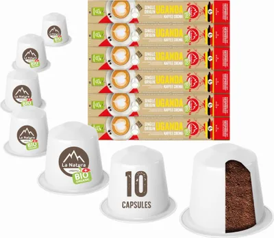 Produktbild von Uganda Plantagen Single Origin Kaffee - 60 Kaffeekapseln | La Natura Lifestyle Organic 306g| biobasiert | Nespresso®*³ kompatible