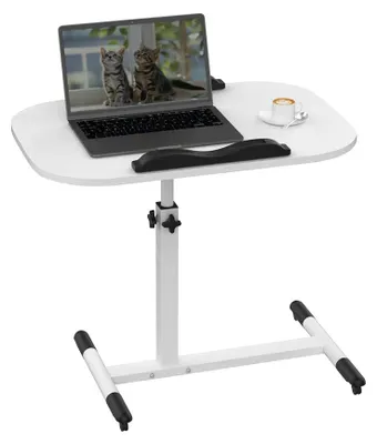 Zdjęcie produktu dla Stół biurkowy z regulowaną wysokością - Mobilny stolik pod laptop z kółkami - Blat o wymiarach 60x40 cm - Wysokość regulowana od 61 do 95 cm - Metalowa rama w kształcie litery "U" - Kolor biały