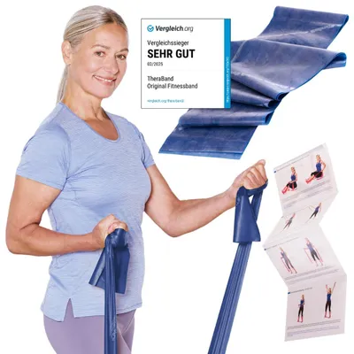 Produktbild von TheraBand 2,50m im PE Beutel mit Anleitung | Fitnessband | Gymnastikband | Stretchband für Ganzkörpertraining | Widerstandsband | Training Bands für Zuhause |100% Naturlatex (Blau)