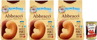 Produktbild von Mulino Bianco Abbracci Biscotti con Cacao e Panna Fresca, Kekse mit Kakao und frische Sahne, bisvuits cookies 3x 350 g + Italian Gourmet polpa 400g