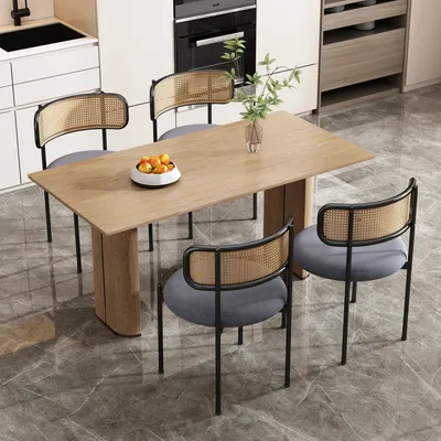Produktbild von Flieks Rattanstuhl Esszimmerstühle 4er Set mit Metallbeinen, Wohnzimmerstühle Polsterstühle mit Samtbezug, Essstuhl Küchenstuhl, Grau
