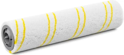 A close-up studio shot of a cleaning roller brush with yellow stripes on a white background.