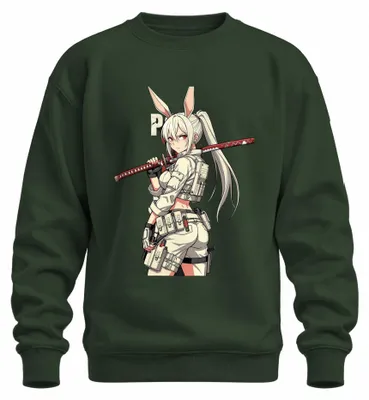 Immagine prodotto di Felpa con cappuccio, stile anni 2000, con motivo "Anime Hasenmädchen Katana Taktisch Kämpferin", colore verde bottiglia, taglia XL