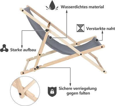 Produktbild von Liegestuhl Chair Liege Klappbar Holz mit Armauflagen Campingstuhl klappliege Grau