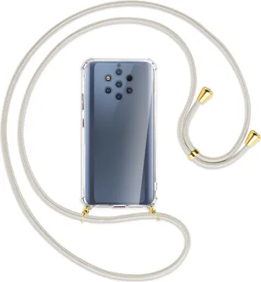Produktbild von Handykette Backcover-Schutzhülle mit Band (Metall goldfarben) für Nokia 9 PureView - broken white