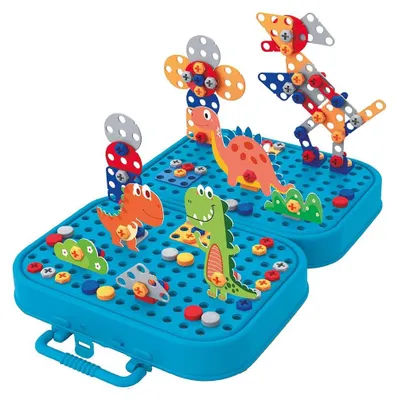 Productafbeelding van Eddy Toys Bouwset met Bouwdoos incl Speelgoed Boormachine - Constructiespeelgoed met 298 Onderdelen - Dinosaurus Speelgoed - Montessori Speelgoed Insteek Mozaiek - Educatief Speelgoed