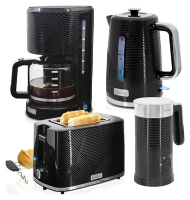 A set of black kitchen appliances including a coffee maker, kettle, toaster, and milk frother, arranged on a white background.