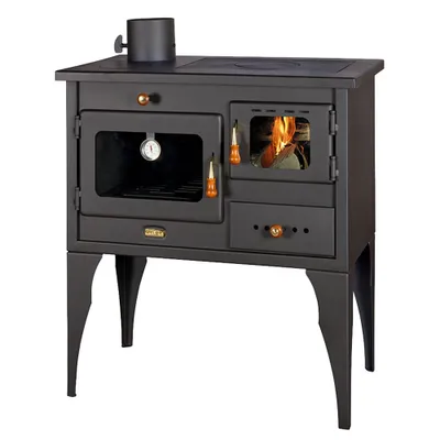 A black wood-burning stove with an oven and a metal cooktop, shown against a white background.