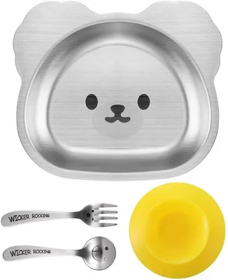 Produktbild von Kindergeschirr Bärenmotiv – Edelstahl – Silikon-Saugnapf – Rutschfest – Serviertablett – Sicher für Kleinkinder – Babygeschirr