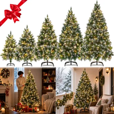 Productafbeelding van NAIZY PVC kerstboom, kunstkerstboom, 240 cm, kerstboom met sneeuweffect, warmwitte LED-verlichting, dennenappels, metalen voet, kerstdecoratie