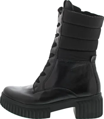 A side view of a black boot.