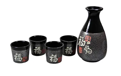 Produktbild von 5-teiliges Sake - Set aus Keramik [ GLÜCK ] dekorativ verpackt