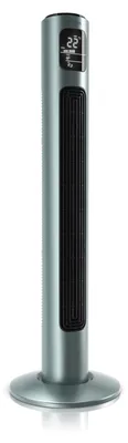 A tall, silver tower fan with a black grille and a digital display.