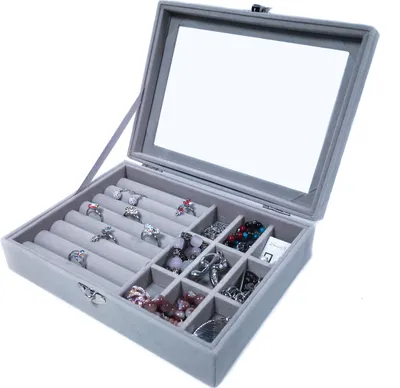 Produktbild von Schmucktablett Schmucklade Schmuckkästchen mit Glasdeckel grau für Ring + 9 Fächer