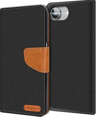 A black flip case for a smartphone, with a brown leather strap and a small brown logo on the front.