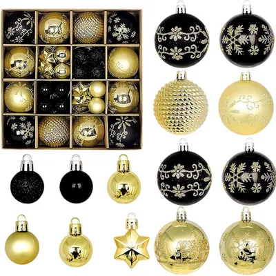 44 unzerbrechliche Kunststoff-Weihnachtskugeln, 3/6 cm, schwarz-gold