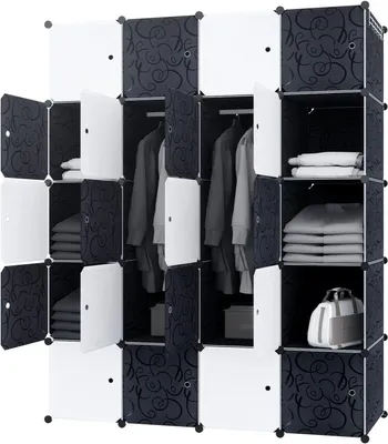 Image de Système de rangement - Porte d'armoire - Rangement de vêtements - Conception modulaire - 37 x 145 x 178 cm - Noir et blanc