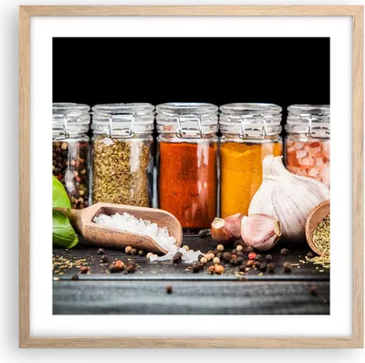 Produktbild von Gerahmtes Poster - Rahmen in heller Eiche - Gewürze Knoblauch Holz Salz - 50x50 cm - Wand Bild - Wanddeko - Wandbilder - Wandposter - Bilderrahmen - Bilder - Kunstdruck - Wandbild - P2NAC50x50-2896