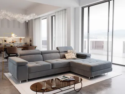 Zdjęcie produktu dla Masseno sofa narożna ELMA R-S z funkcją spania w kształcie litery L, sofa z pojemnikiem na pościel, sofa do salonu, kanapa, sofa rozkładana, zestaw wypoczynkowy - jasnoszary, MONOLITH 84