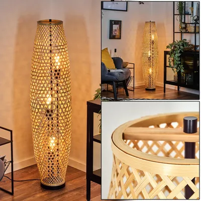 Produktbild von Messerotti Stehlampe aus Metall/Bambus in Schwarz/Naturfarben mit Fußschalter