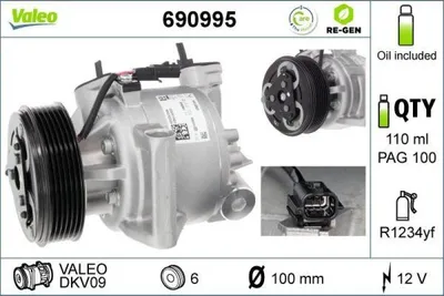 Produktbild von VALEO 690995 DKV09 Klimaanlage Klimakompressor PAG 100 R1234yf für DACIA SANDERO II für RENAULT Duster (HM)