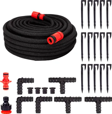 Produktbild von Grafner 30 Meter Perlschlauch Starter-Set, 28 teilig mit Erdanker, Eckverbinder, T-Verbinder, Endstopfen und Klickanschlüssen, wassersparend Bewässerungsschlauch Tropfschlauch