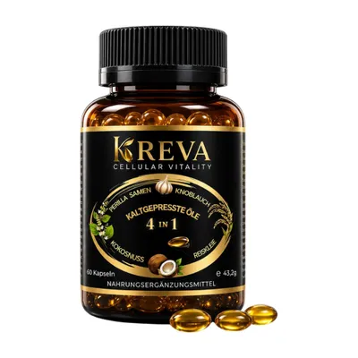 Produktbild von KREVA 4 in 1 Softgelkapseln – Perillaöl, Kokosöl, Reiskleieöl, Knoblauchöl, 60 Stück