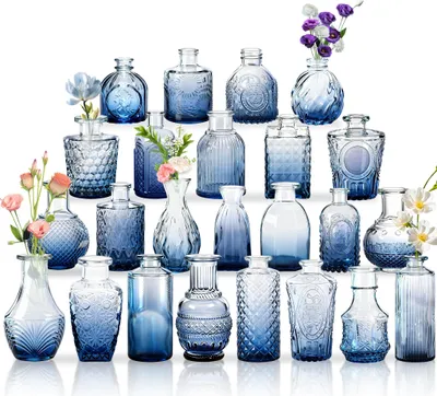 Image de UISEBRT 24 pcs. Set de mini vases en verre, vases de table vintage - bleu dégradé Petits vases à fleurs & bourgeons, rétro et colorés accentués