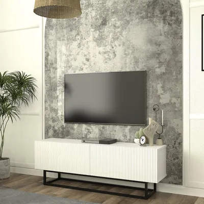Image de Buffet TV 'Verpsboga' avec 2 portes rabattables piètement court 135 x 32 x 47 cm blanc